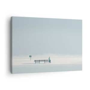 Quadro su tela - Stampe su Tela - Una persona seduta su una panchina in un paesaggio minimalista - 70x50cm - Si, aspetto. - Decorazione murale moderna per soggiorno e camera da letto ARTTOR