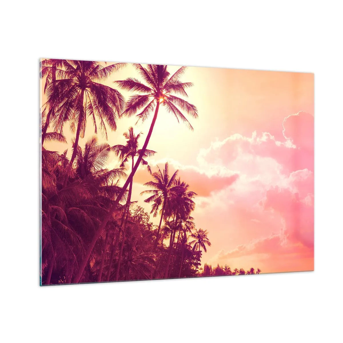 Quadro su vetro - Palme tropicali alla luce del sole al tramonto contro un cielo rosa - 100x70cm - Devi scegliere - Decorazione murale moderna per soggiorno e camera da letto ARTTOR
