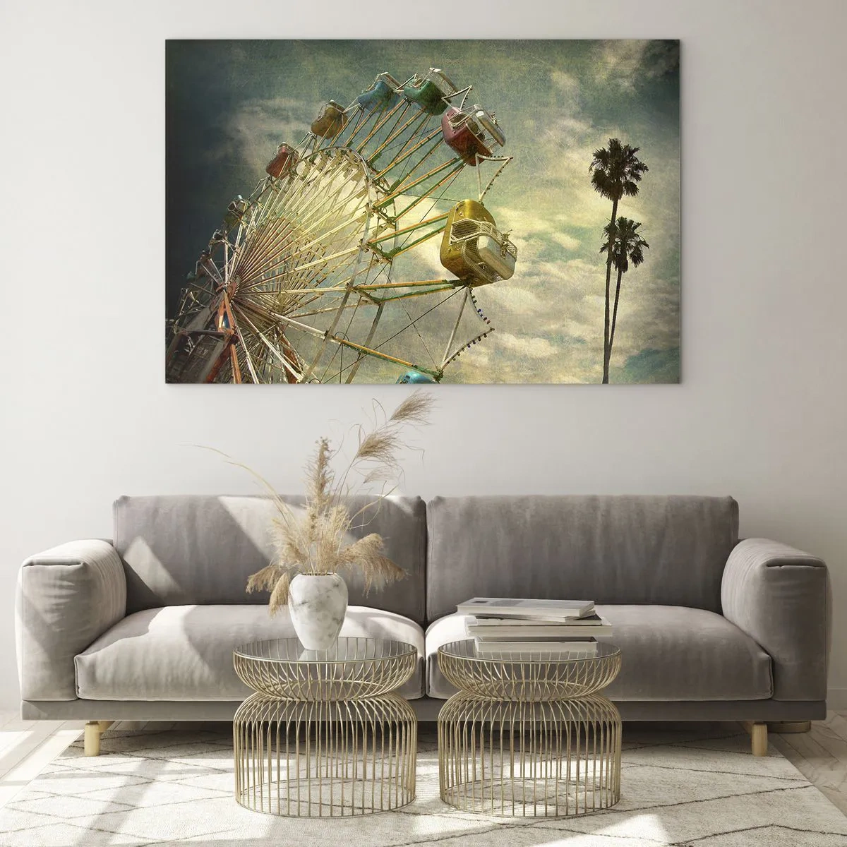 Quadro su vetro - Una ruota panoramica contro il cielo e palme in stile retrò - 100x70cm - Il divertimento comincia... - Decorazione murale moderna per soggiorno e camera da letto ARTTOR
