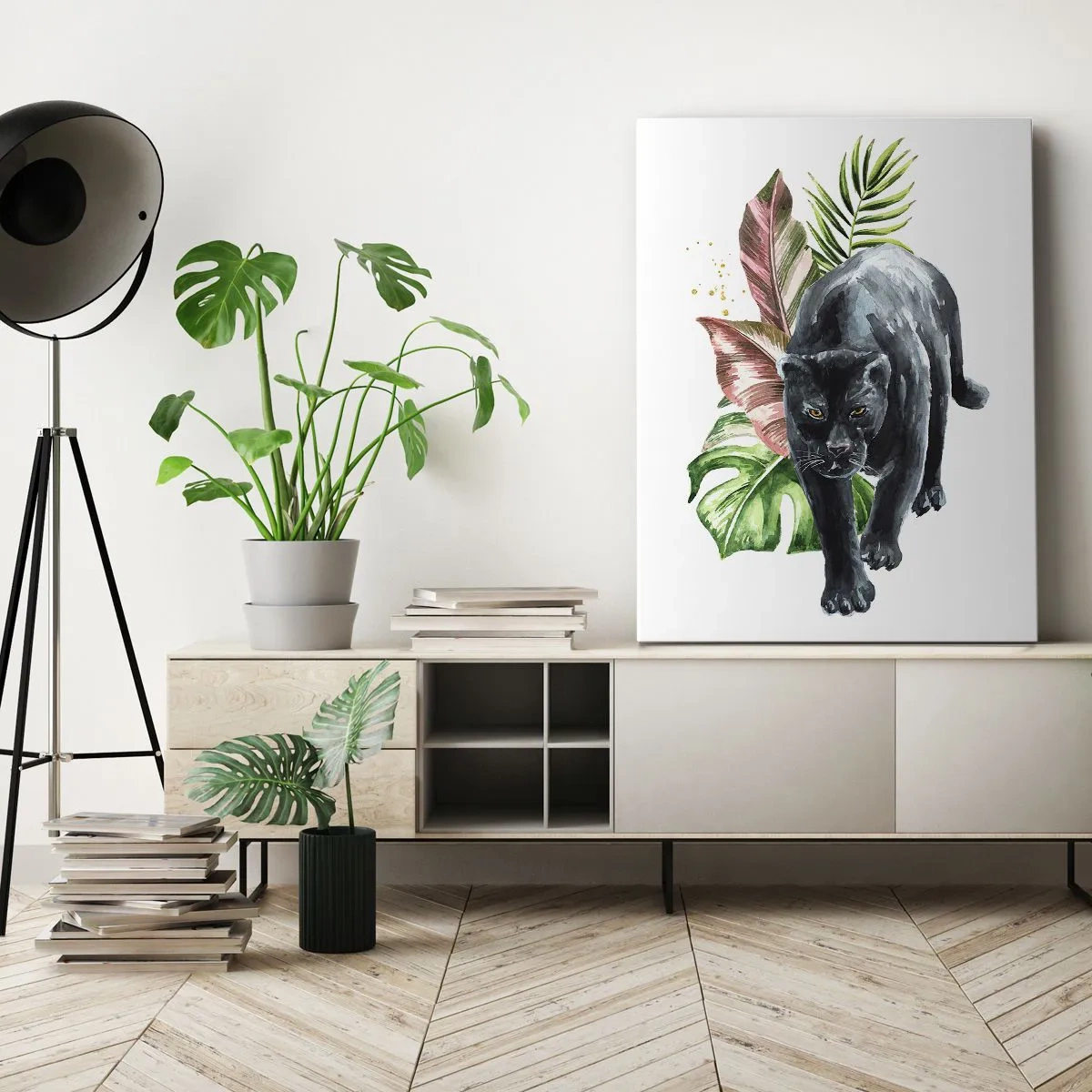 Quadro su tela - Stampe su Tela - Pantera nera circondata da foglie tropicali - 50x70cm - Cuore selvaggio - Decorazione murale moderna per soggiorno e camera da letto ARTTOR
