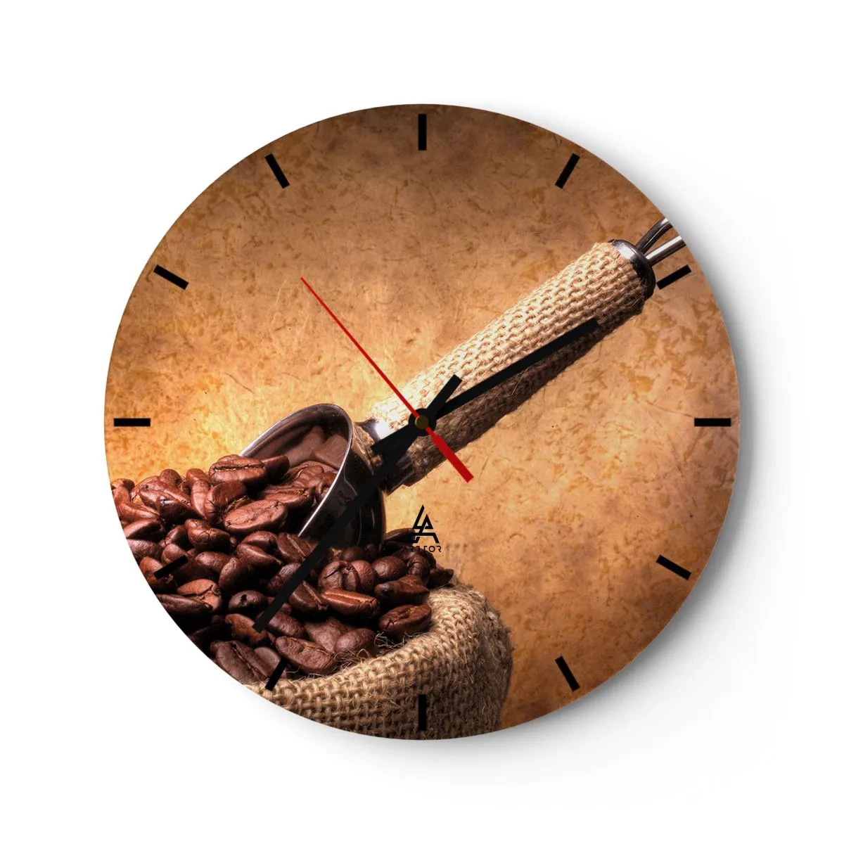 Orologio da parete - Orologio in Vetro - Chicchi di caffè in un sacchetto con un misurino su uno sfondo marrone - 30x30cm - Alla fonte del gusto - Decorazione murale moderna per soggiorno, cucina e camera da letto ARTTOR