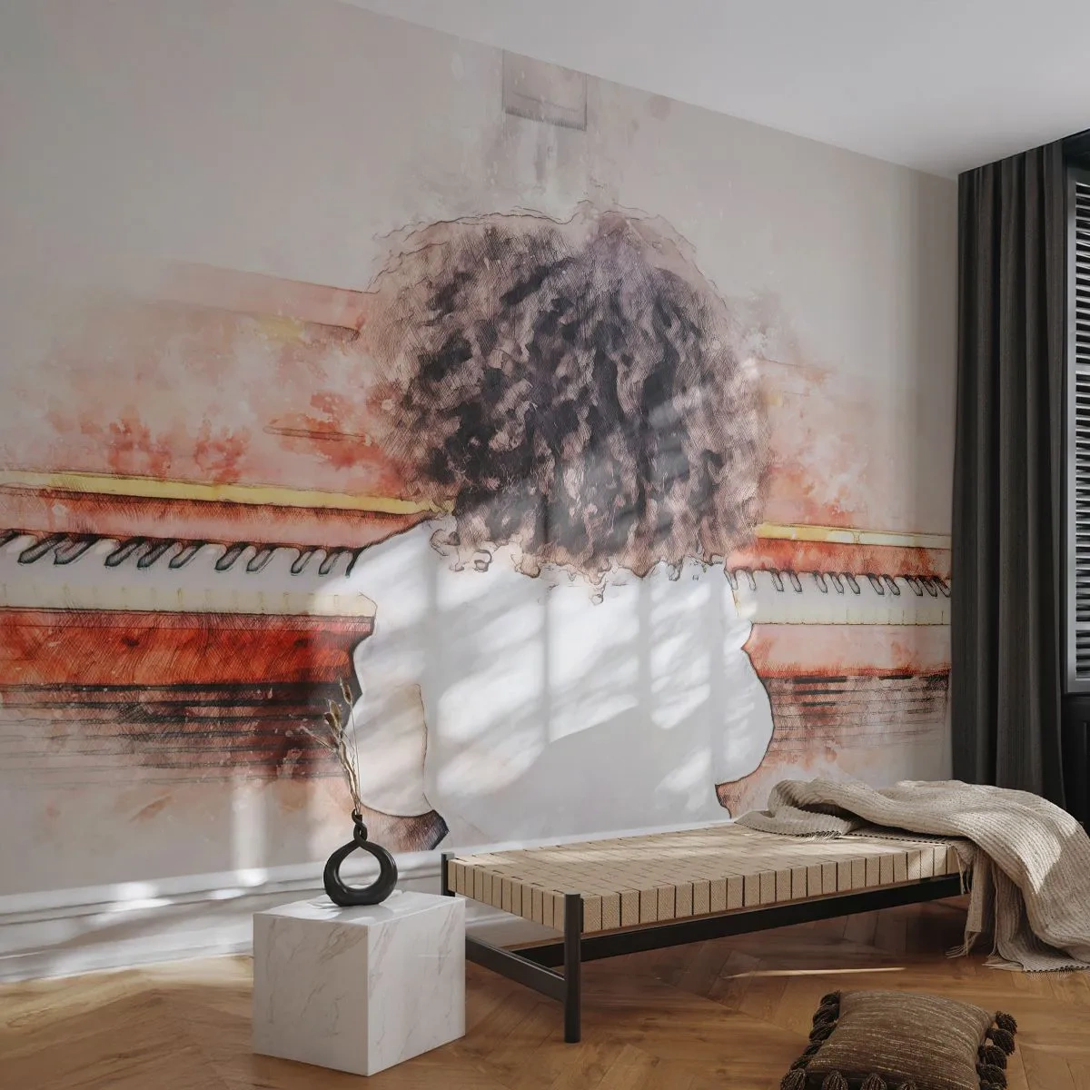 Fotomurali Premium Sand - Un dipinto ad acquerello di un bambino che suona il pianoforte - 100x70cm - Nel nuovo mondo - Decorazione murale moderna per soggiorno e camera da letto ARTTOR