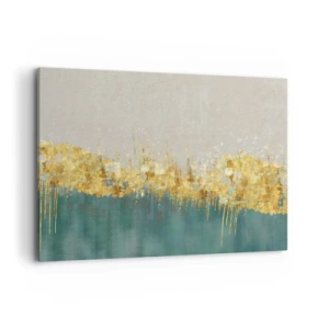 Quadro su tela - Stampe su Tela - Accenti dorati su sfondo verde-beige - 100x70cm - Confine dorato - Decorazione murale moderna per soggiorno e camera da letto ARTTOR