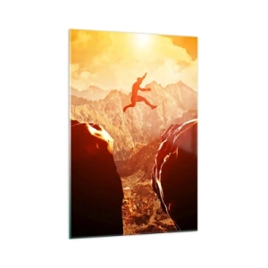 Quadro su vetro - Una figura che salta tra le rocce con le montagne sullo sfondo - 70x100cm - Superare i confini - Decorazione murale moderna per soggiorno e camera da letto ARTTOR