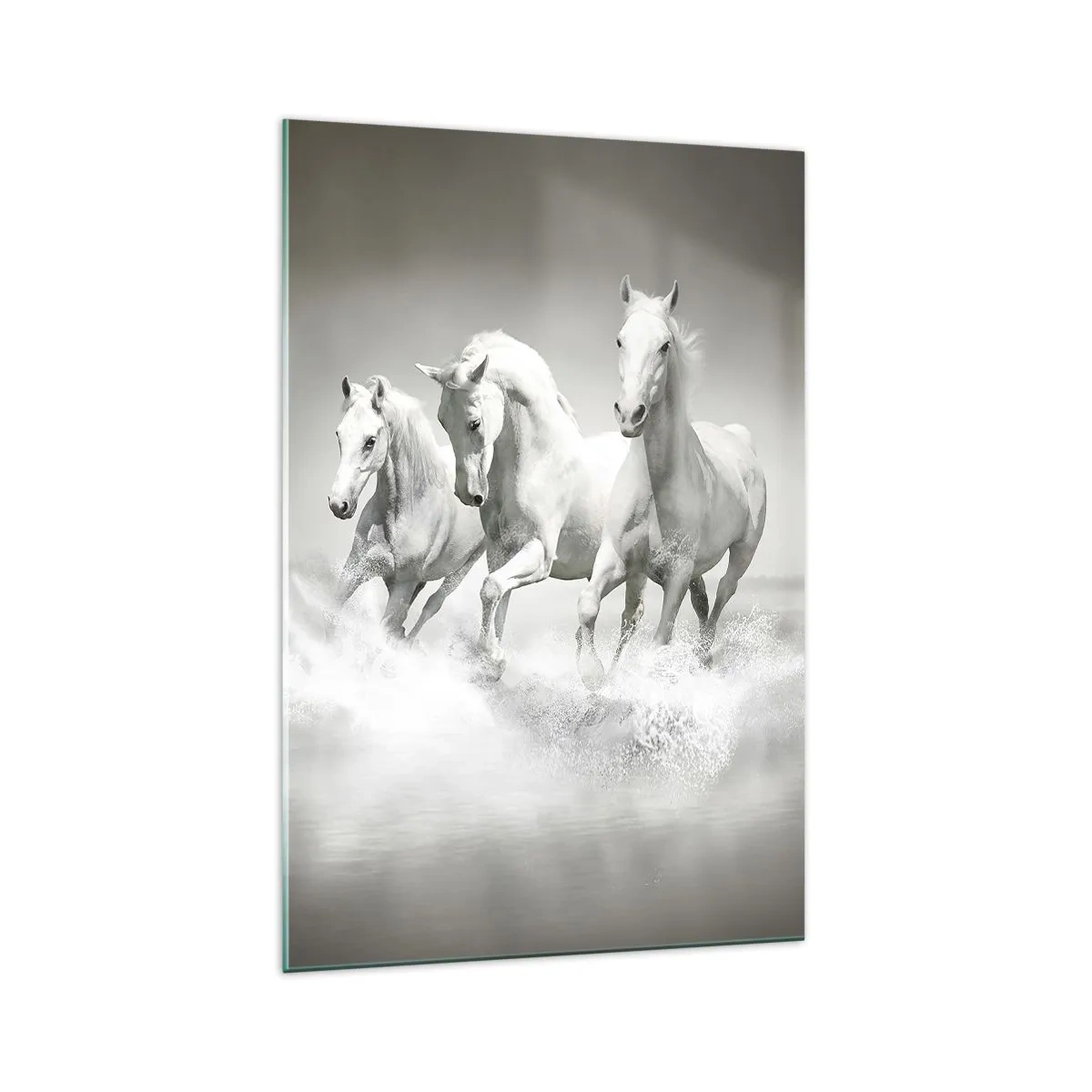 Quadro su vetro - Tre cavalli bianchi che galoppano nell'acqua - 70x100cm - Estasi bianca - Decorazione murale moderna per soggiorno e camera da letto ARTTOR