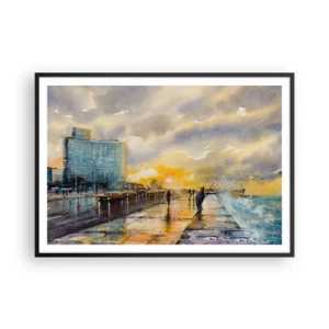 Poster in cornice nera - Una vista pittoresca del lungomare al tramonto - 100x70cm - Vita sulla costa - Decorazione murale moderna per soggiorno e camera da letto ARTTOR