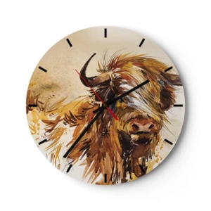 Orologio da parete - Orologio in Vetro - Illustrazione dipinta di un toro scozzese con pelliccia fluente - 30x30cm - L'orgoglio del cacciatore - Decorazione murale moderna per soggiorno, cucina e camera da letto ARTTOR