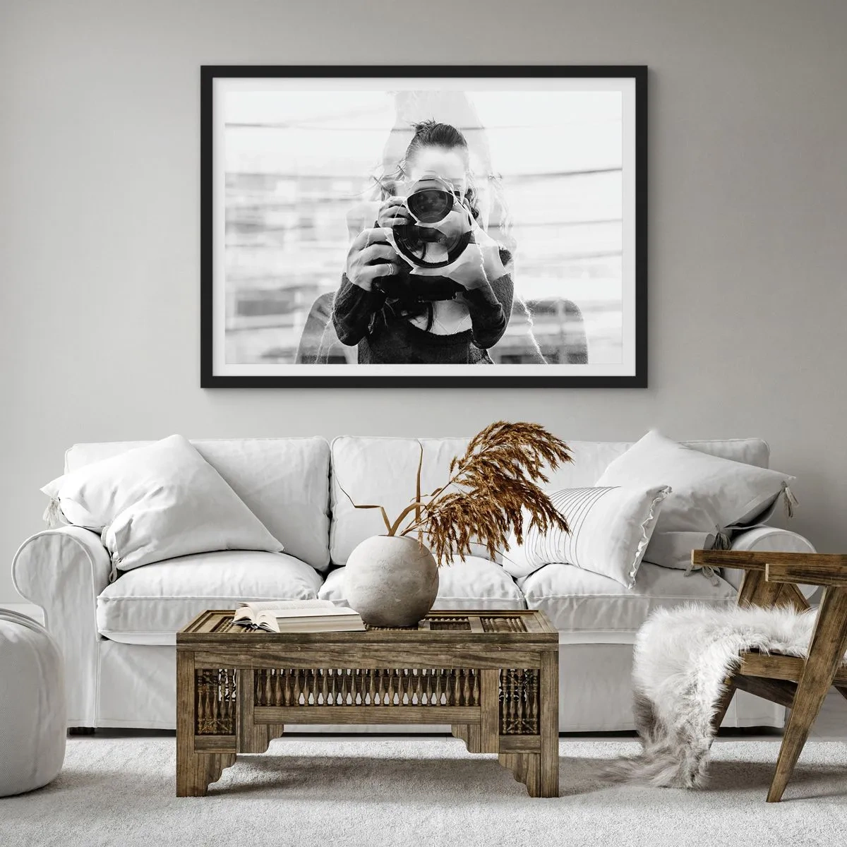 Poster in cornice nera - Ritratto in bianco e nero con doppia esposizione di un fotografo - 100x70cm - Il creatore e il materiale - Decorazione murale moderna per soggiorno e camera da letto ARTTOR