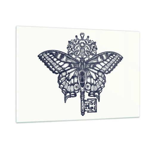 Quadro su vetro - Illustrazione di una farfalla con una chiave al centro - 120x80cm - Tutti i segreti del cuore - Decorazione murale moderna per soggiorno e camera da letto ARTTOR