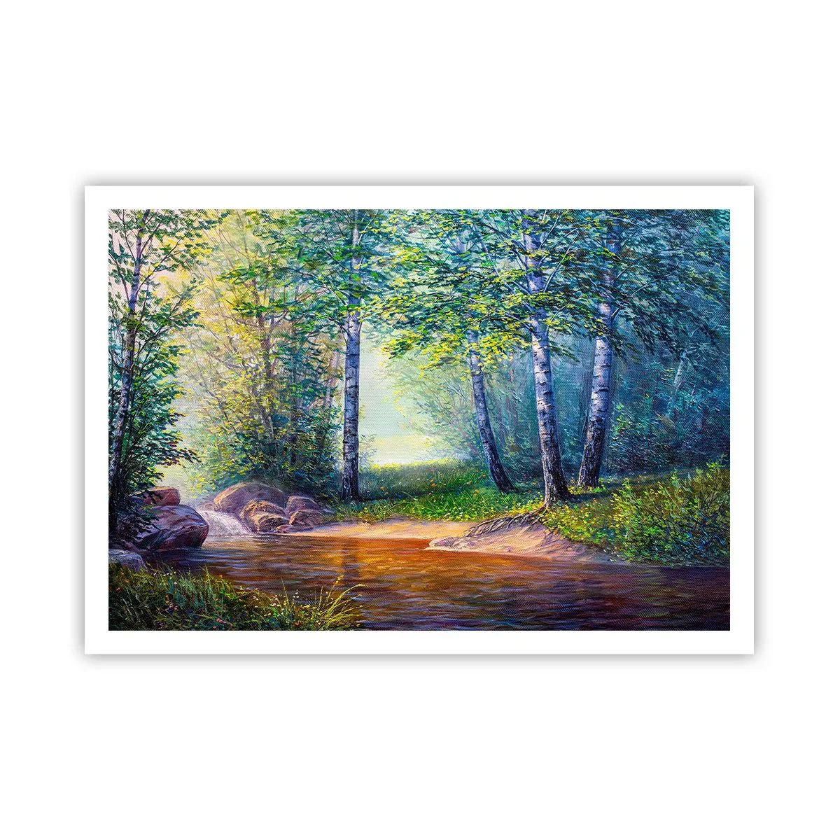 Poster - Un ruscello nella foresta circondato da betulle e sole - 100x70cm - Scena di beatitudine - Decorazione murale moderna per soggiorno e camera da letto ARTTOR