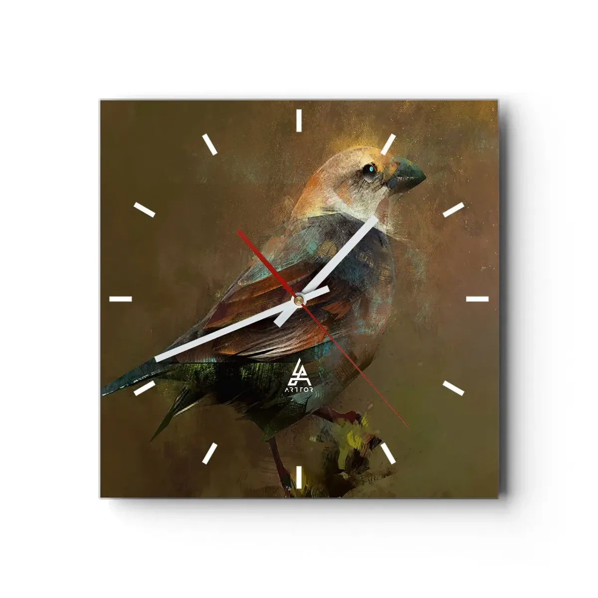 Orologio da parete - Orologio in Vetro - Un'interpretazione artistica di un passero su uno sfondo marrone - 30x30cm - Passerotto, piccolo uccellino - Decorazione murale moderna per soggiorno e camera da letto ARTTOR