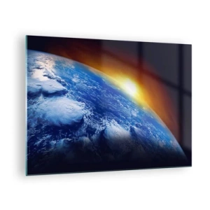 Quadro su vetro - La Terra nello spazio illuminata dai raggi del sole - 70x50cm - L'alba sul pianeta azzurro - Decorazione murale moderna per soggiorno e camera da letto ARTTOR