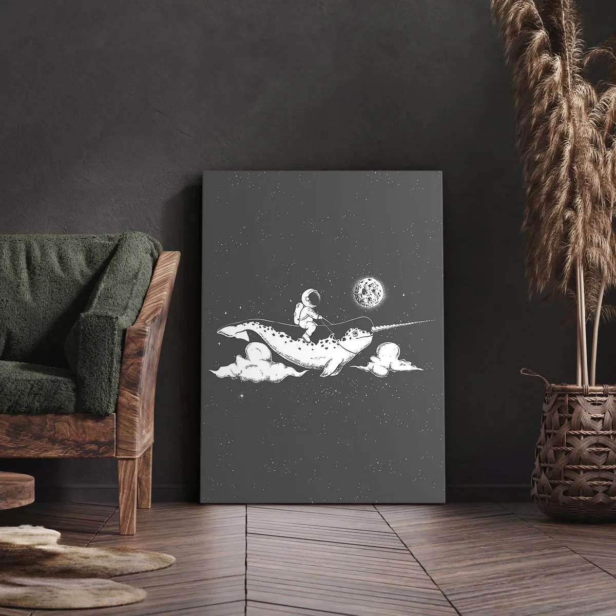 Quadro su tela - Stampe su Tela - Un astronauta sul dorso di un narvalo che fluttua in una scena spaziale. - 50x70cm - Il cavaliere dello spazio - Decorazione murale moderna per soggiorno e camera da letto ARTTOR