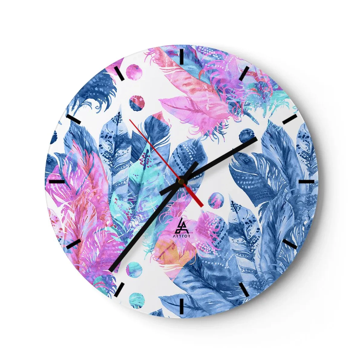 Orologio da parete - Orologio in Vetro - Pennacchi in rosa e blu - 40x40 cm
