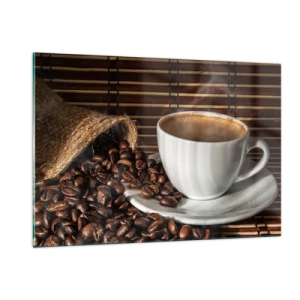 Quadro su vetro - Una tazza di caffè con chicchi su uno sfondo rustico - 120x80cm - Nero del carbone, trasparenza dell'ambra - Decorazione murale moderna per soggiorno e camera da letto ARTTOR