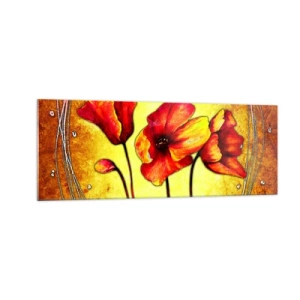 Quadro su vetro - Fiori rossi e gialli su sfondo oro con motivi decorativi - 140x50cm - Decorazione Art Nouveau - Decorazione murale moderna per soggiorno e camera da letto ARTTOR