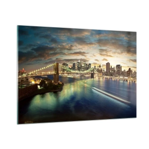 Quadro su vetro - Vista del ponte e della città al tramonto - 100x70cm - Il cielo luminoso sopra Manhattan - Decorazione murale moderna per soggiorno e camera da letto ARTTOR