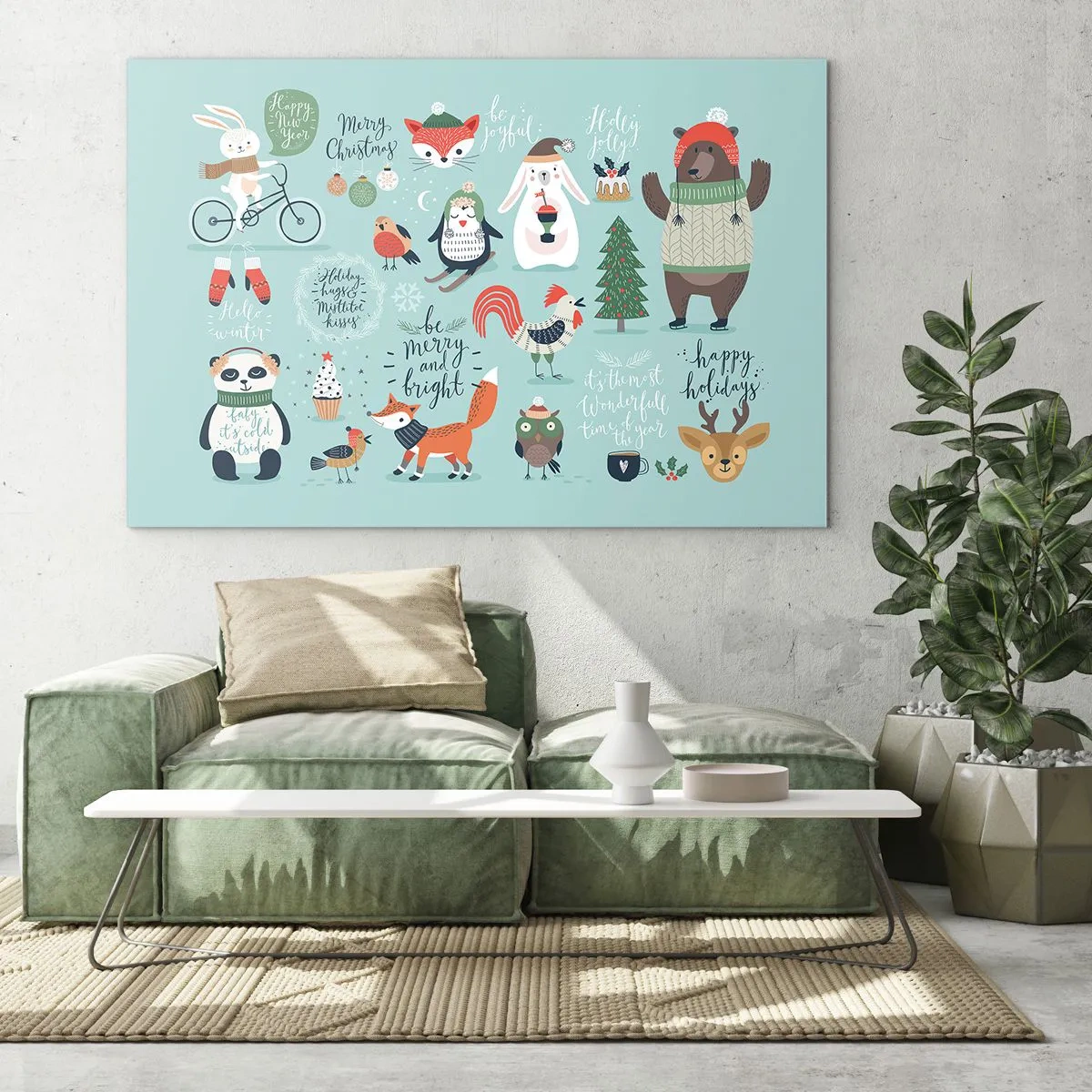 Quadro su vetro - Illustrazioni di animali natalizi su sfondo pastello - 120x80cm - Che sia sempre festa! - Decorazione murale moderna per soggiorno e camera da letto ARTTOR