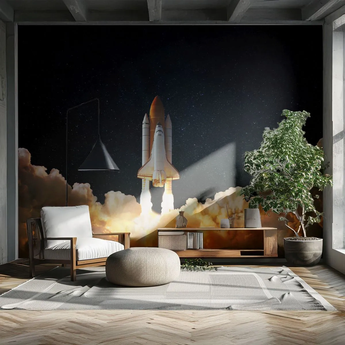 Fotomurali Premium Sand - Lancio dello Space Shuttle su uno sfondo stellato - 100x70cm - Ad astra! - Decorazione murale moderna per soggiorno e camera da letto ARTTOR