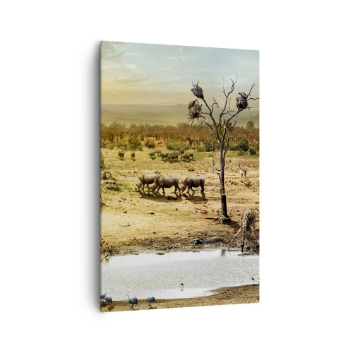 Quadro su tela - Stampe su Tela - Elefanti e animali selvatici in una pozza d'acqua al tramonto - 80x120cm - "Un fiume usciva da Eden…" - Decorazione murale moderna per soggiorno e camera da letto ARTTOR