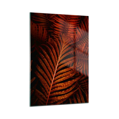 Quadro su vetro - Foglie rosse di una pianta tropicale su uno sfondo scuro - 50x70cm - Il calore della vita - Decorazione murale moderna per soggiorno e camera da letto ARTTOR