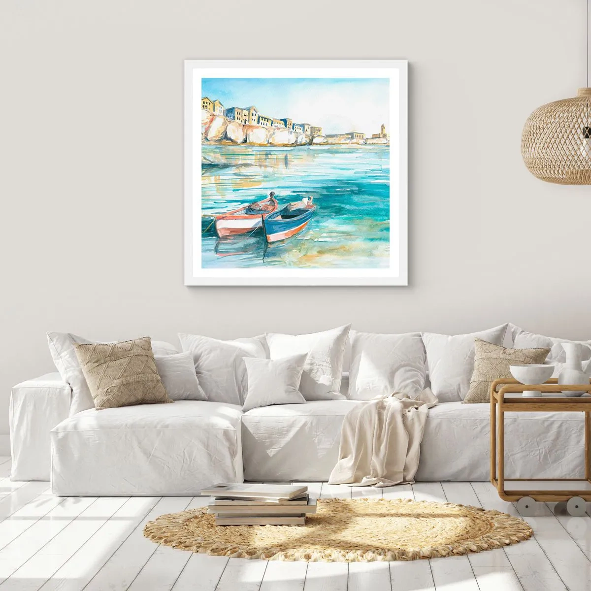 Poster in cornice bianca - Paesaggio in azzurro - 60x60 cm
