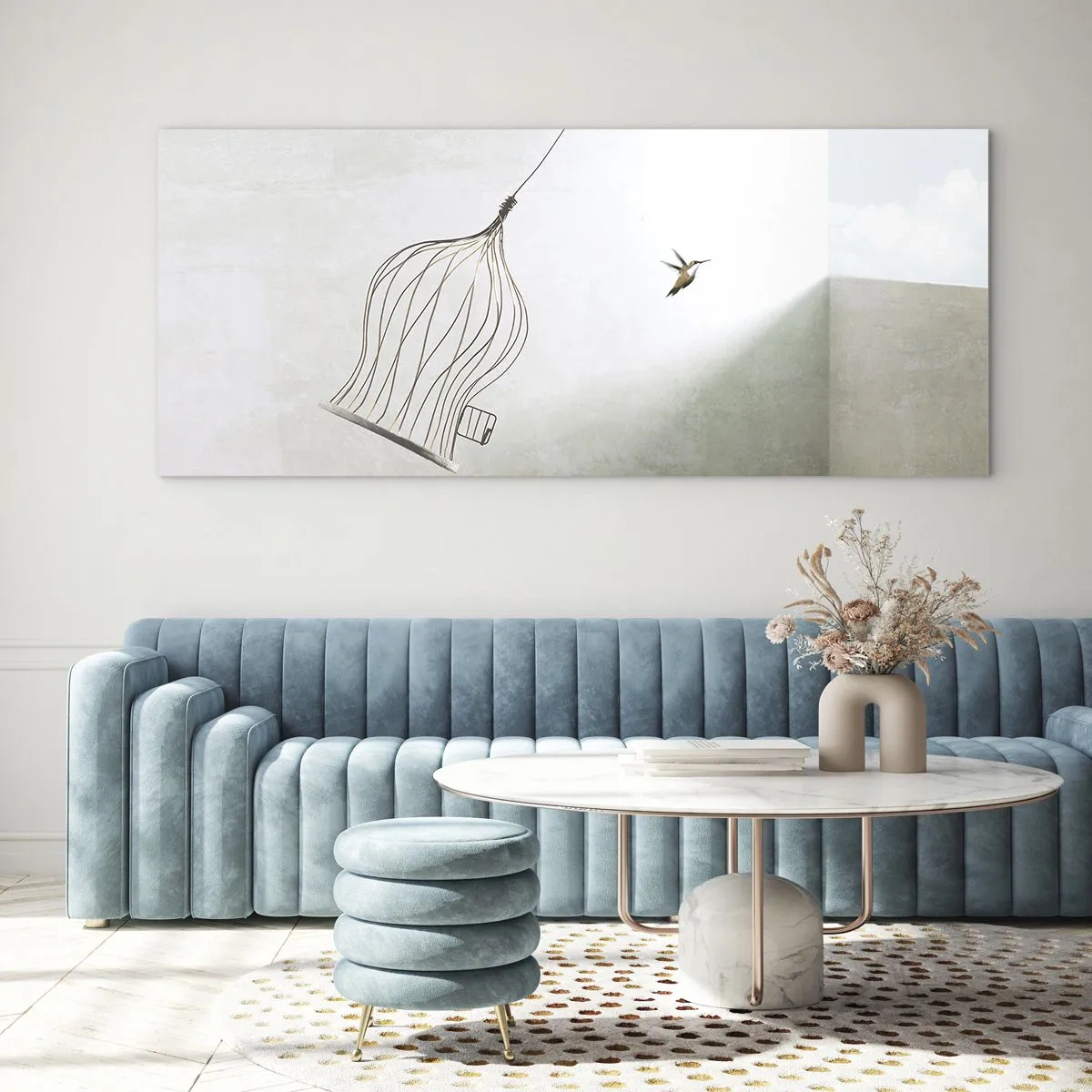 Quadro su vetro - Un uccello liberato da una gabbia sullo sfondo di un cielo luminoso - 120x50cm - Nel proprio elemento - Decorazione murale moderna per soggiorno e camera da letto ARTTOR