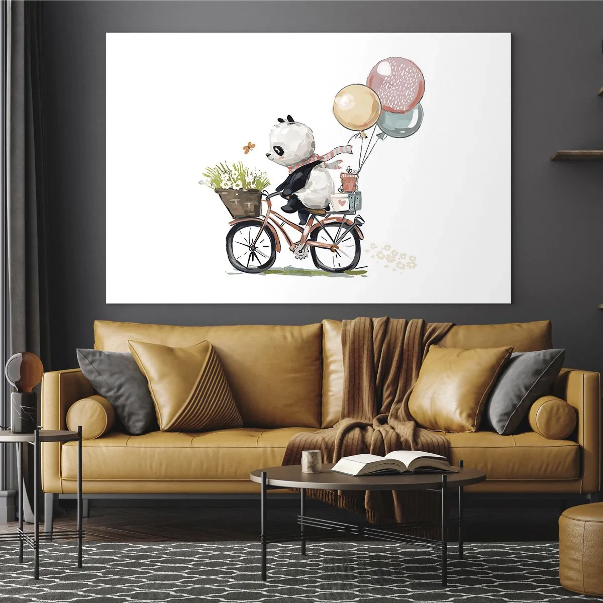 Quadro su vetro - Un panda in bicicletta con palloncini e un cesto di fiori. - 100x70cm - Giorno felice - Decorazione murale moderna per soggiorno e camera da letto ARTTOR