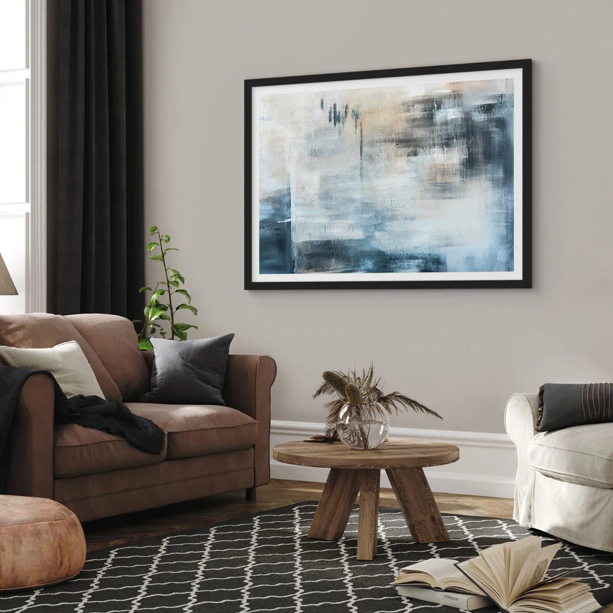 Poster in cornice nera - Composizione astratta nei toni del blu e del grigio - 70x50cm - Coperti dal blu - Decorazione murale moderna per soggiorno e camera da letto ARTTOR
