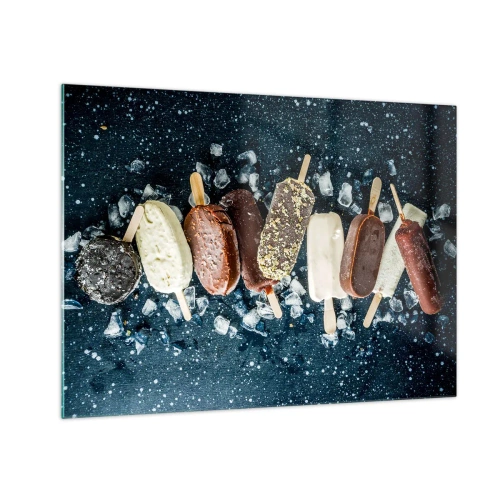 Quadro su vetro - Ghiaccioli di vari gusti disposti su cubetti di ghiaccio - 70x50cm - Il sapore della calda estate - Decorazione murale moderna per soggiorno e camera da letto ARTTOR