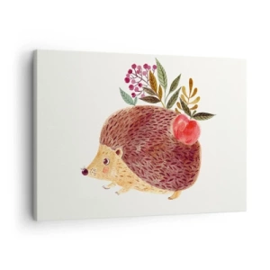 Quadro su tela - Stampe su Tela - Un simpatico riccio con una mela e delle piante in stile illustrativo - 70x50cm - E mi vuoi già bene - Decorazione murale moderna per soggiorno e camera da letto ARTTOR