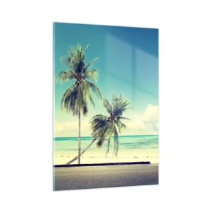 Quadro su vetro - Una spiaggia con palme e un furgone retrò rosa in riva al mare - 50x70cm - Tempo di vacanze - Decorazione murale moderna per soggiorno e camera da letto ARTTOR