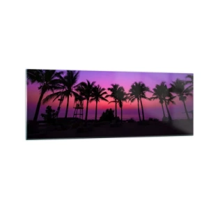 Quadro su vetro - Silhouette di palme contro un cielo al tramonto rosa-viola - 140x50cm - Sera sotto le palme - Decorazione murale moderna per soggiorno e camera da letto ARTTOR