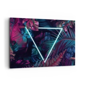 Quadro su tela - Stampe su Tela - Un triangolo al neon circondato da foglie tropicali dai colori scuri. - 100x70cm - Giardino in stile discoteca - Decorazione murale moderna per soggiorno e camera da letto ARTTOR