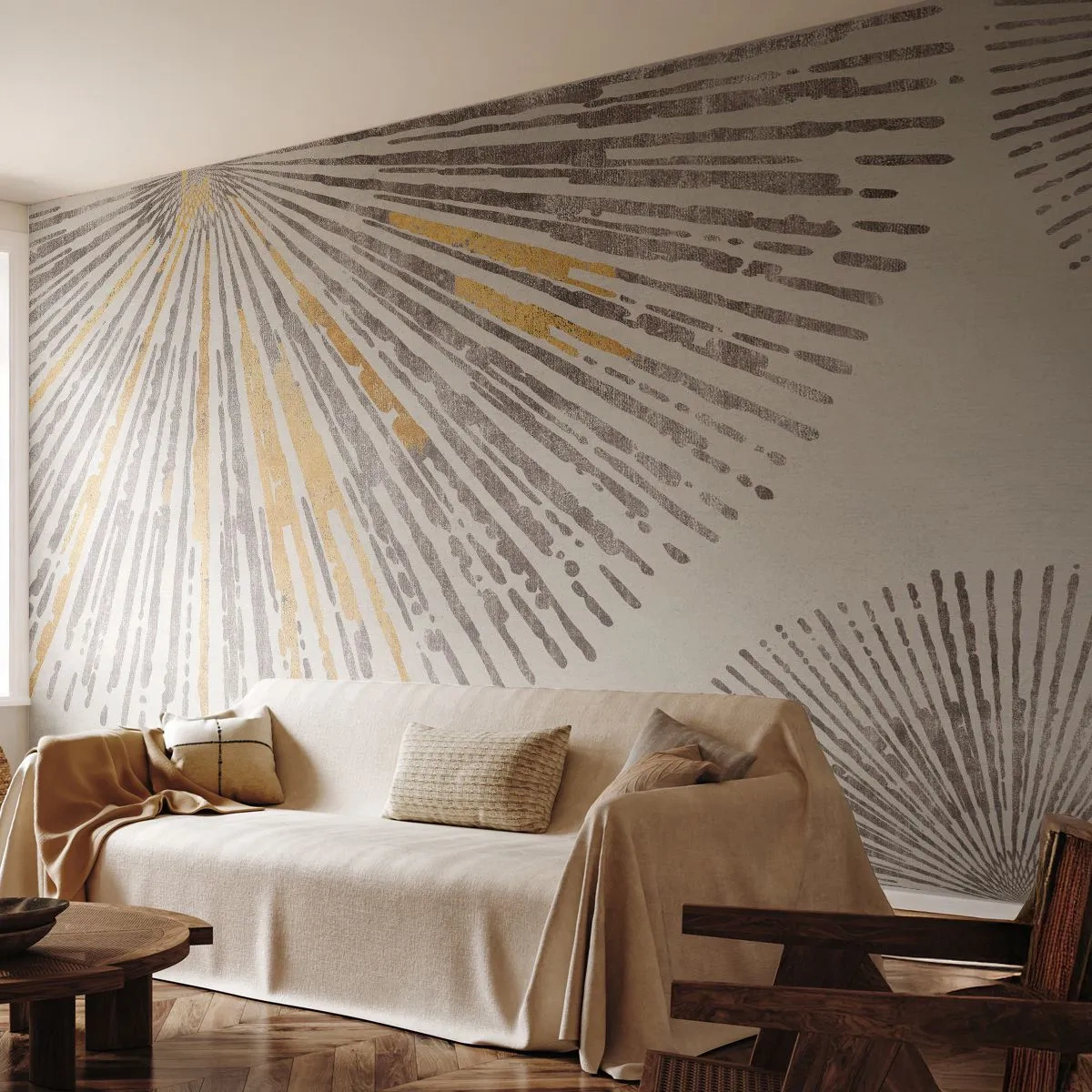Fotomurali Premium Sand - Raggi in stile grafico nei toni dell'oro e del grigio - 100x70cm - La bellezza dei raggi - Decorazione murale moderna per soggiorno e camera da letto ARTTOR
