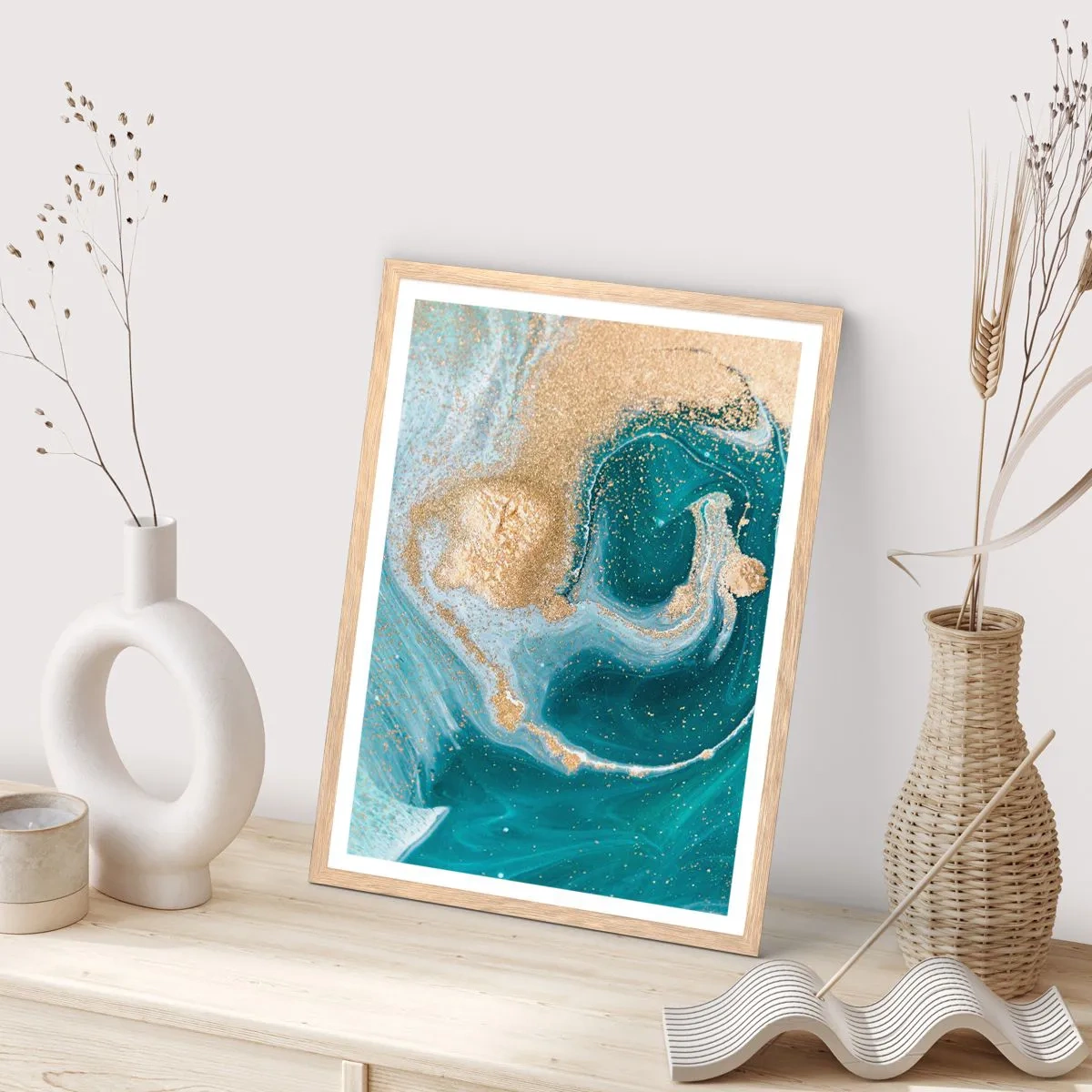 Poster in cornice rovere chiaro - Vortice di oro e turchese - 70x100 cm