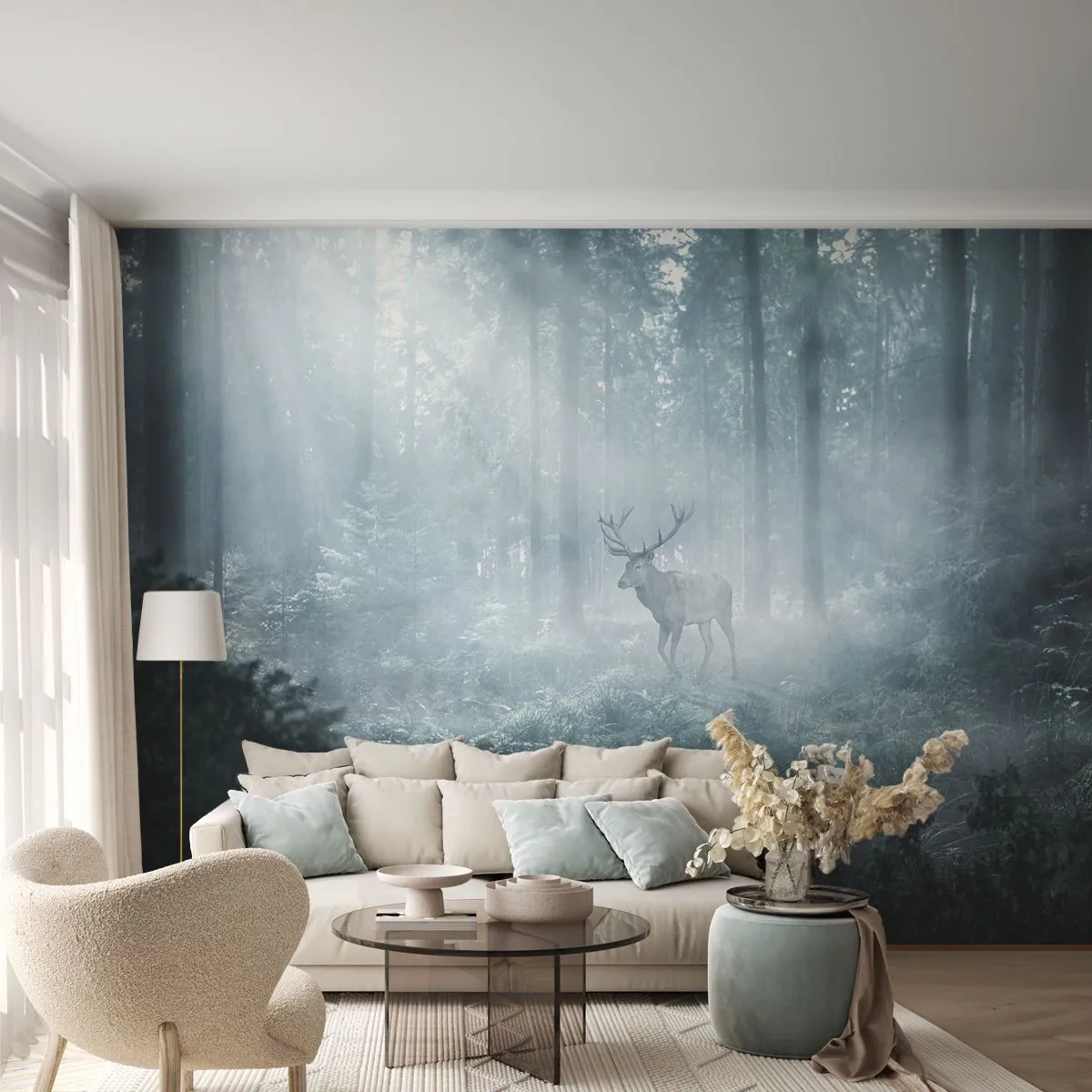 Fotomurali Premium Sand - Passeggiata mattutina sulle sue terre - Paesaggio, foresta, Cervo - 350x256 cm