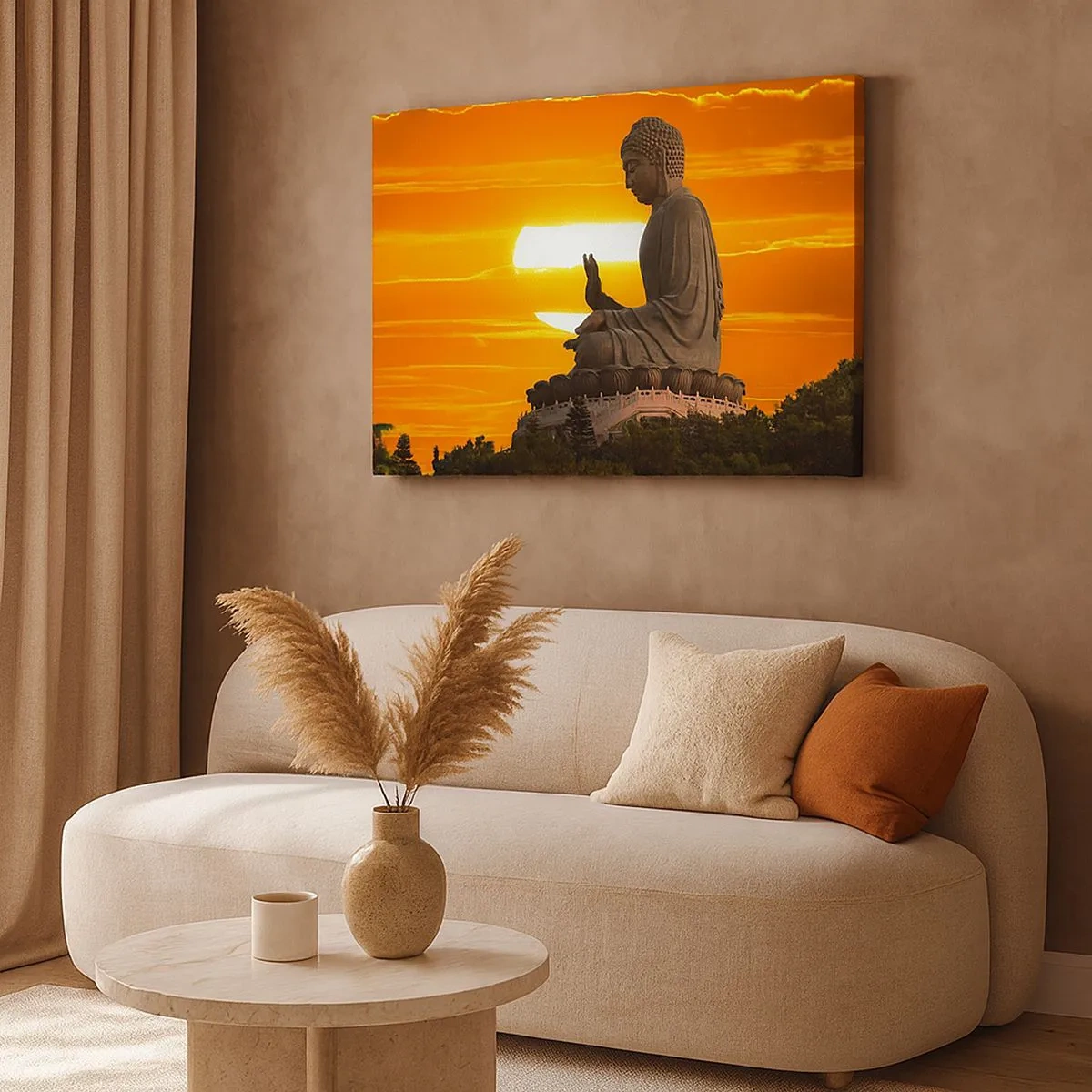 Quadro su tela - Stampe su Tela - Una statua buddista sullo sfondo di un tramonto arancione - 70x50cm - Senza paura davanti al mondo - Decorazione murale moderna per soggiorno e camera da letto ARTTOR