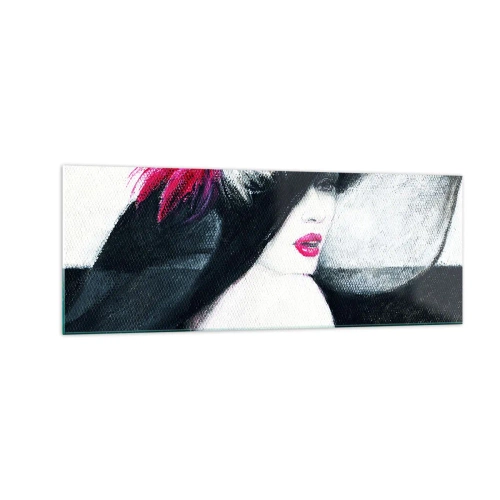 Quadro su vetro - Donna elegante con cappello piumato - 140x50cm - Sempre un mistero - Decorazione murale moderna per soggiorno e camera da letto ARTTOR