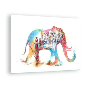 Quadro su vetro - Dipinto ad acquerello colorato di un elefante con un motivo indiano - 70x50cm - India: aura d'amore - Decorazione murale moderna per soggiorno e camera da letto ARTTOR
