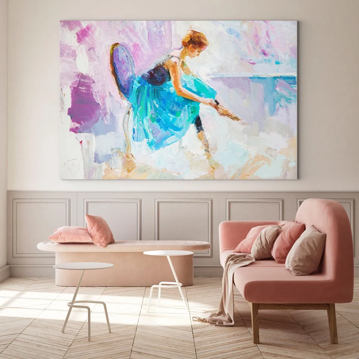 Quadro su vetro - Una ballerina in abito blu su sfondo impressionista - 100x70cm - Grazia ineffabile, fascino sottile - Decorazione murale moderna per soggiorno e camera da letto ARTTOR