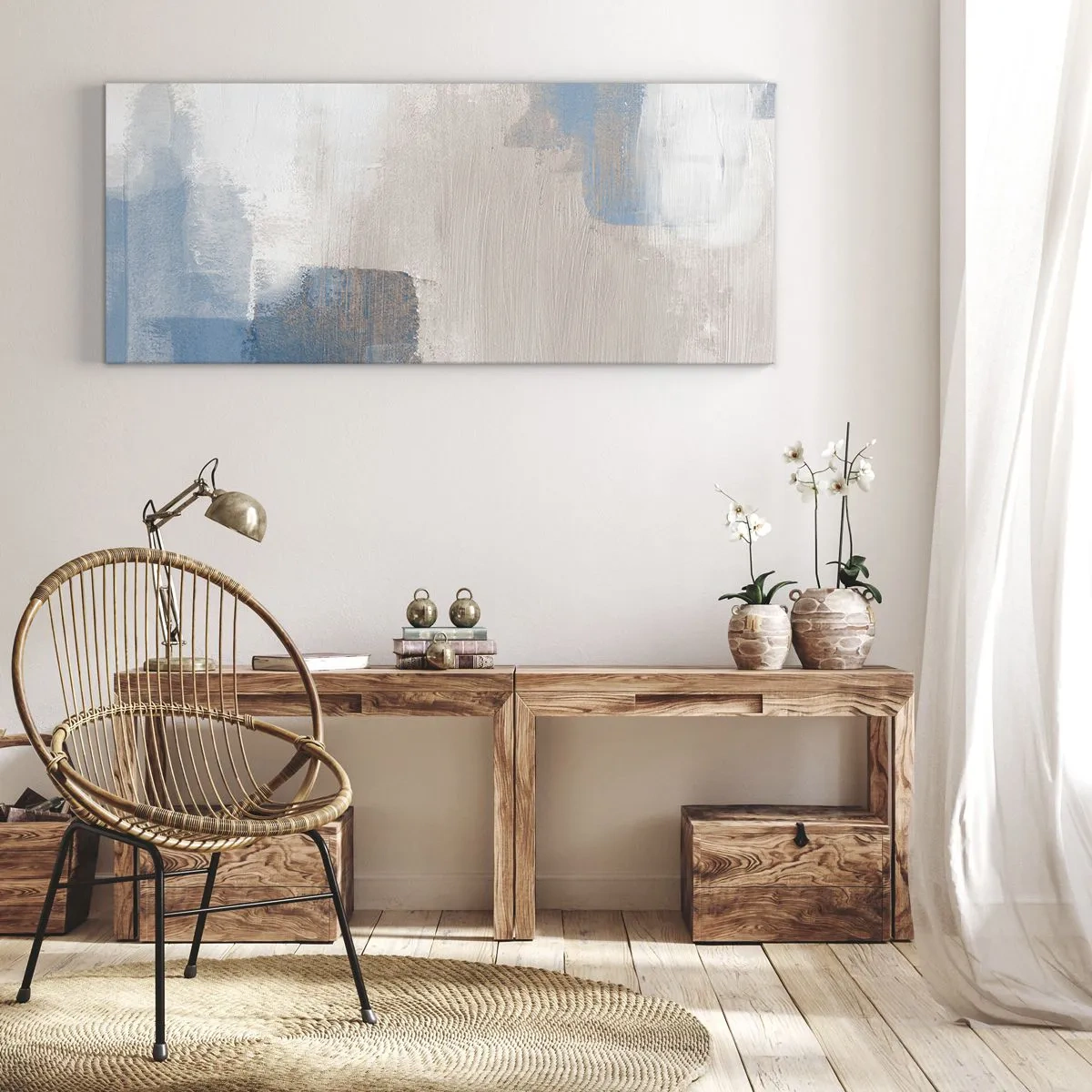 Quadro su tela - Stampe su Tela - Forme astratte nei toni del blu e del beige - 160x50cm - Astrazione rosa coperta dal blu - Decorazione murale moderna per soggiorno e camera da letto ARTTOR