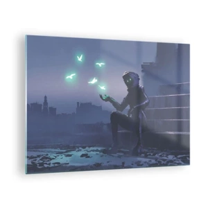 Quadro su vetro - Una figura nell'oscurità circondata da uccelli verdi fluttuanti - 70x50cm - La vita ritorna - Decorazione murale moderna per soggiorno e camera da letto ARTTOR