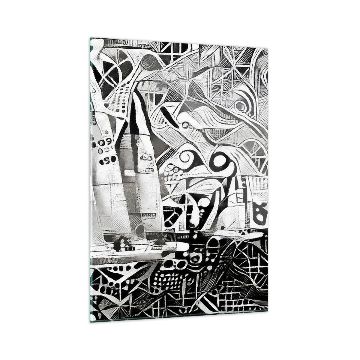 Quadro su vetro - Astrazione in bianco e nero con barche a vela e motivi geometrici - 50x70cm - Tra le onde - Decorazione murale moderna per soggiorno e camera da letto ARTTOR