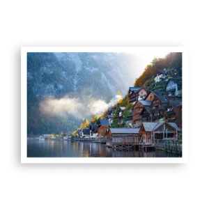 Poster - Un villaggio di montagna vicino a un lago in uno scenario autunnale - 100x70cm - Atmosfera alpina - Decorazione murale moderna per soggiorno e camera da letto ARTTOR