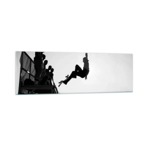 Quadro su vetro - Scena di skateboard in bianco e nero su una rampa - 160x50cm - Protagonisti e spettatori - Decorazione murale moderna per soggiorno e camera da letto ARTTOR