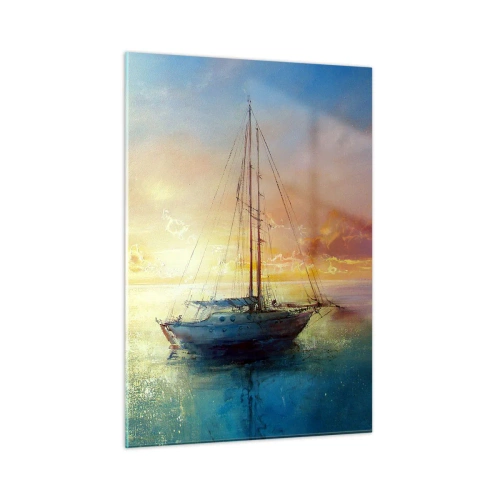 Quadro su vetro - Una barca a vela su un mare calmo al tramonto dorato - 50x70cm - Nella baia dorata - Decorazione murale moderna per soggiorno e camera da letto ARTTOR