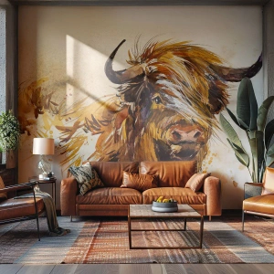 Fotomurali Premium Sand - Dipinto ad acquerello di un toro scozzese - 100x70cm - L'orgoglio del cacciatore - Decorazione murale moderna per soggiorno e camera da letto ARTTOR