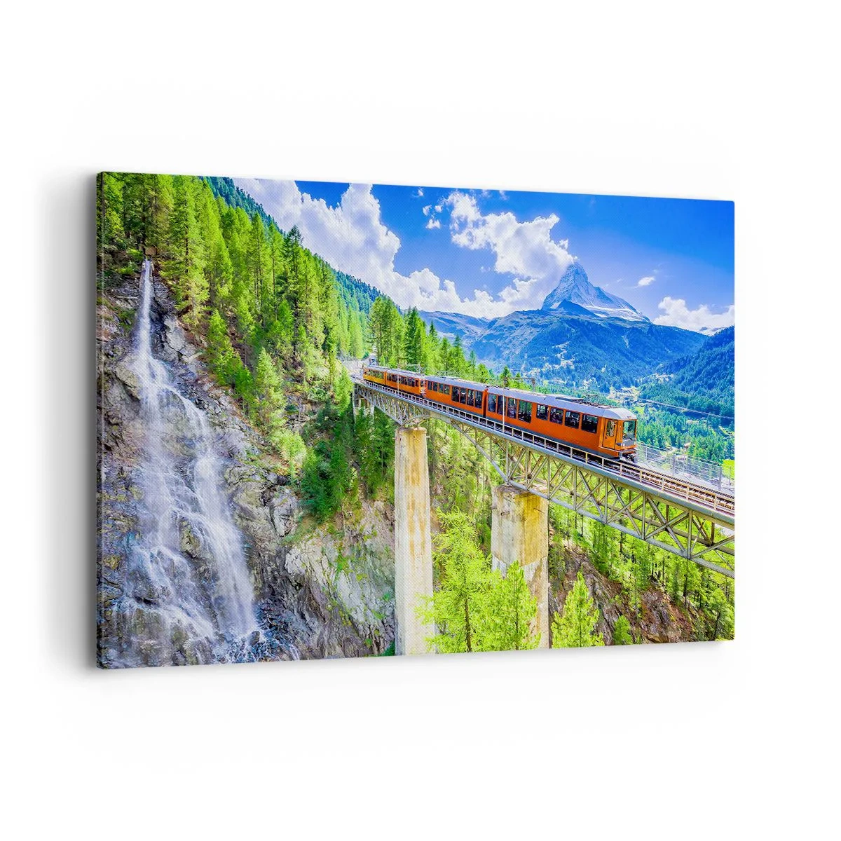 Quadro su tela - Stampe su Tela - Montagne russe su un ponte con vista su una cascata e sulle montagne - 120x80cm - Ferrovia alpina - Decorazione murale moderna per soggiorno e camera da letto ARTTOR
