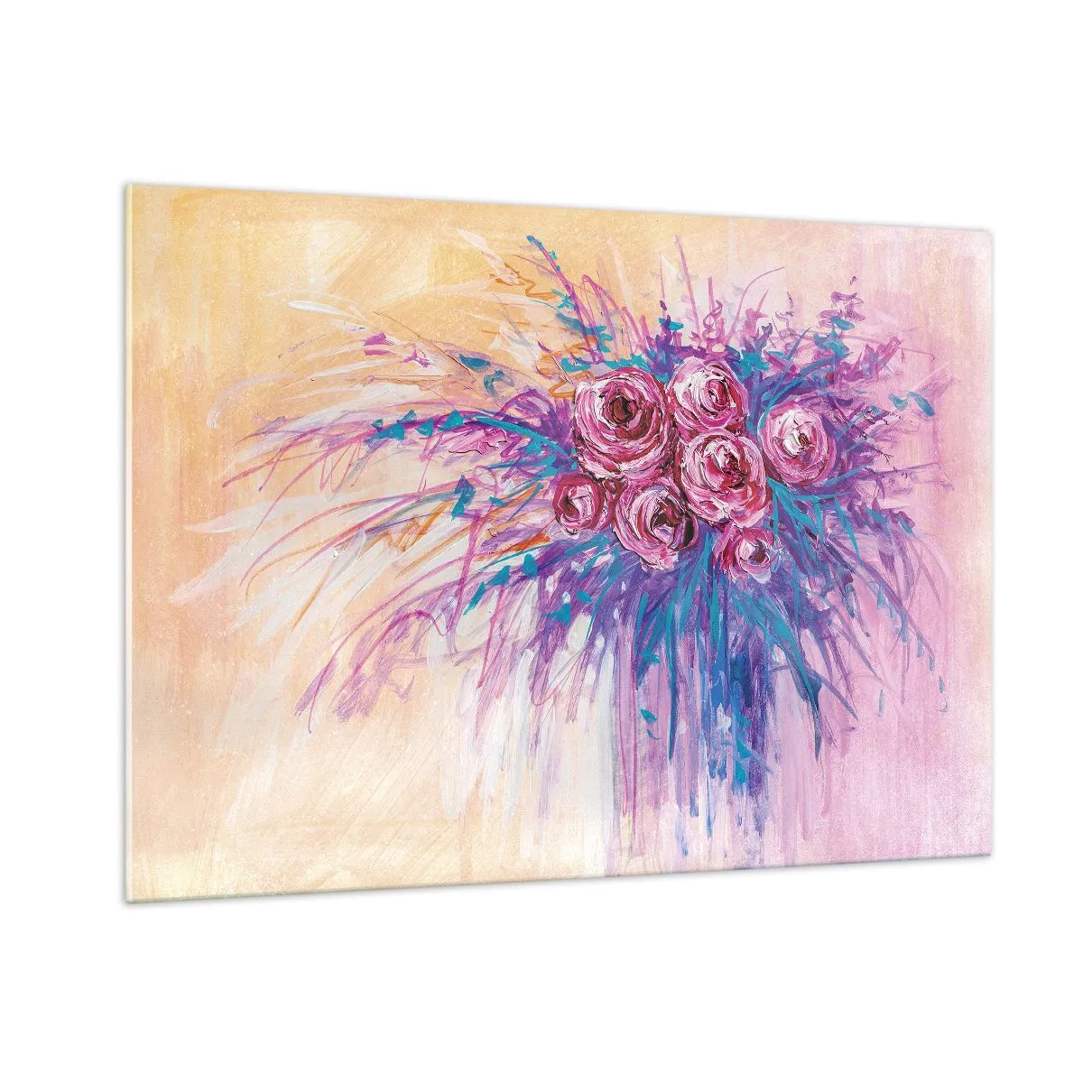 Quadro su vetro - Un bouquet di rose nei toni del rosa e del viola su uno sfondo pastello - 100x70cm - Fontana rosa - Decorazione murale moderna per soggiorno e camera da letto ARTTOR